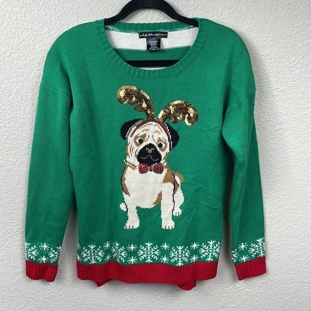 United States Sweaters Pug Ugly Christmas Sweater Holiday Party Dog Green Sz M